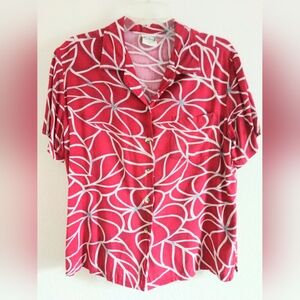 Go Barefoot Women's Hawaiian Shirt Red Grey Floral Leaf Print Medium Chest 38"